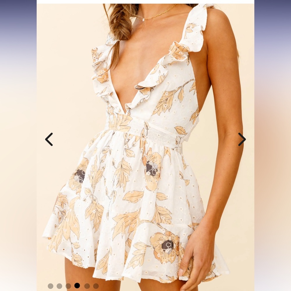 Cream Ruffled Tiered Romper Plunge Neckline